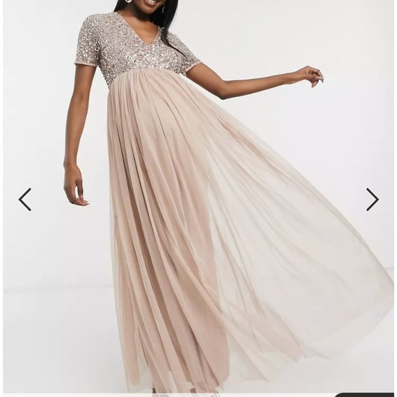 Maya Maternity pink blush short sleeve maxi tulle sequin dress gown womens 4 - Picture 1 of 7